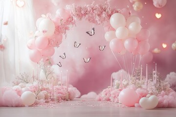 A pink and white room with a pink archway and pink balloons