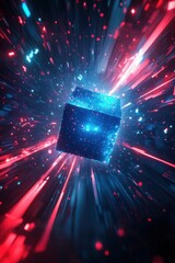 A cube is flying through a bright blue and red space