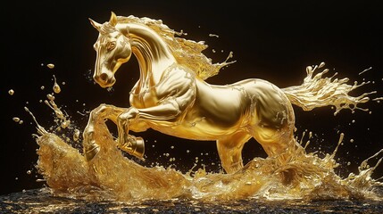 Golden horse sculpture in motion. Fluid gold splashes surround dynamic horse. Abstract art style. Luxury, dynamic theme. Ideal for luxury brand advertising, wallpaper, high end products. Powerful