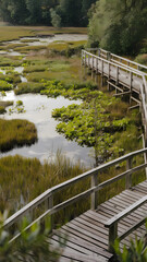 Fototapeta premium Wooden Boardwalk Over Wetland Marsh