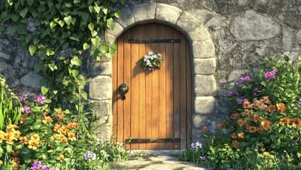 3D Cartoon Backdrop with Wooden Door in Stone Wall Surrounded by Flowers and Greenery