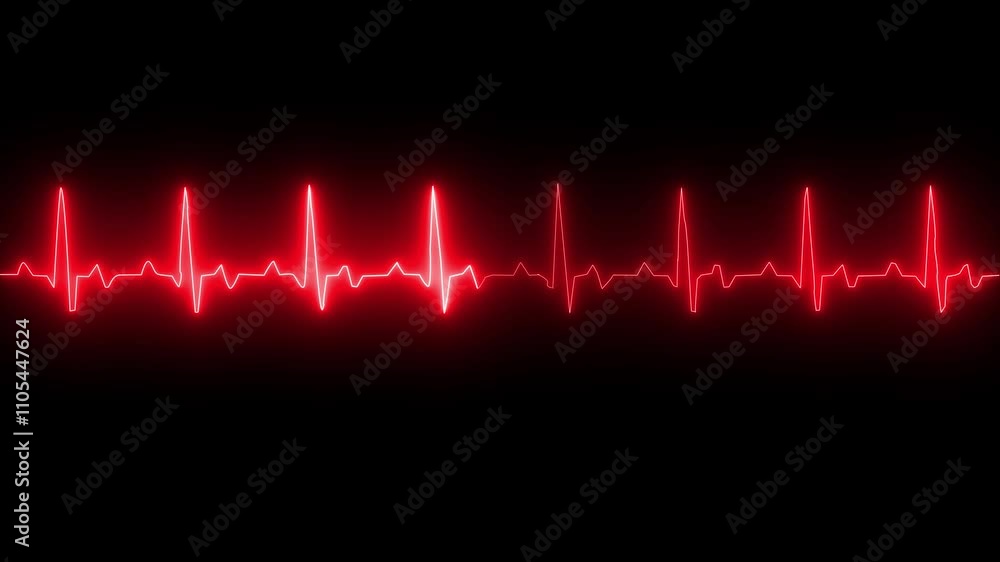 Poster glowing neon red color heart pulse rate monitor animation on black background seamless loop animatio