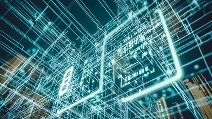 Obraz premium Futuristic Digital Landscape with Glowing Abstract Geometric Patterns and Connections