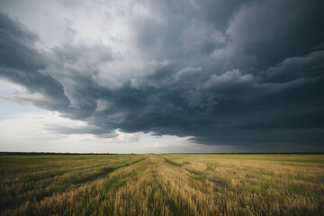 Vast field of golden grasses contrasts against dark, ominous storm clouds above