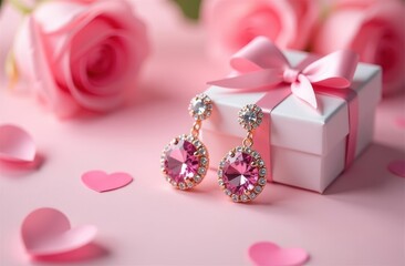A beautiful pair of earrings gracefully displayed on a pink gift box make a wonderful gift for Valentine's Day, birthdays and Mother's Day.