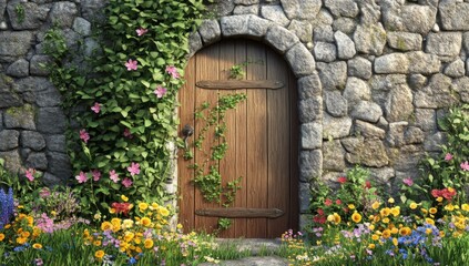 3D Cartoon Render of Stone Wall with Wooden Door Surrounded by Wildflowers and Ivy
