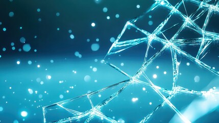 Fototapeta premium A close-up of a geometric, translucent structure illuminated by blue light, creating a shimmering, ethereal atmosphere with floating particles.