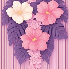 Fototapeta premium Pink and white hibiscus flowers with purple leaves on striped background.