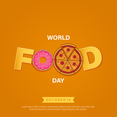 World food day template design with pink donut and whole cheesy pizza vector illustration, food day concept.