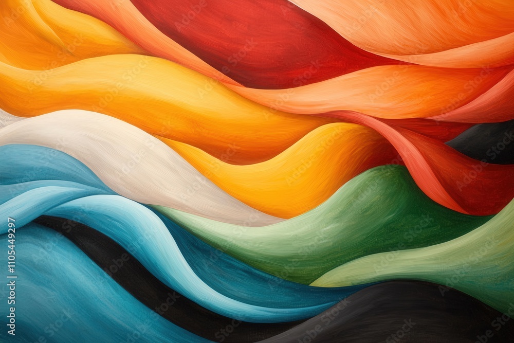 Poster vibrant abstract waves in rich colors reflecting movement and depth, showcasing an elegant flow of s