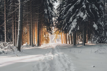 Winter forest landscape with snow covered trees and a dappled sunlight path