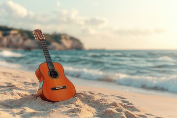 Acoustic guitar resting on sandy beach with gentle waves in the background and soft sunlight illuminating the tranquil seascape, inviting relaxation and musical inspiration.