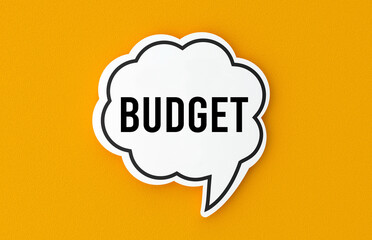 Budget concept written in a speech bubble. Yellow background, illustration.
