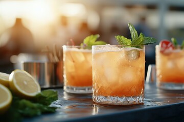 Fototapeta premium Refreshing Summer Cocktails on a Table with Ice and Mint, Perfect for Outdoor Gatherings at Sunset, Vibrant Citrus and Garnishes in Beautiful Glassware