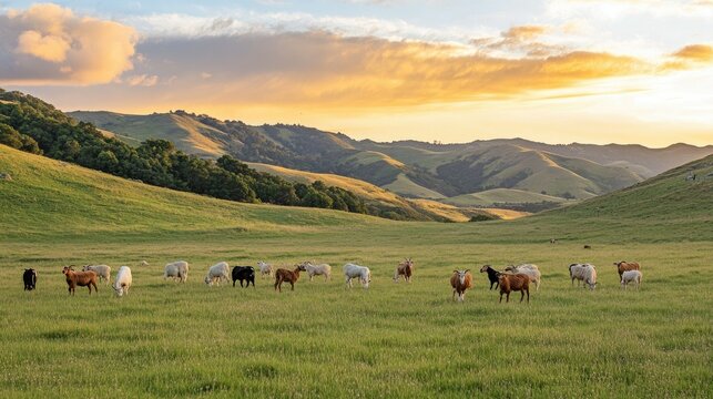 A tranquil evening shot of a goat herd grazing in an open field as the sun sets behind rolling hills.