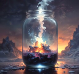 Illustration of glowing and magic dramatic smoke in jar with water reflection.