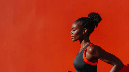 Confident woman running against a vibrant red background