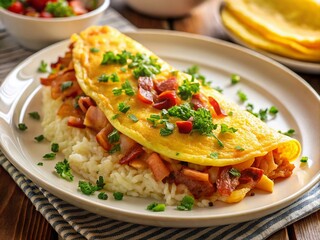 A Close-Up View of a Delicious Omelet Bacon Rice Dish on a White Plate, Capturing the Textures and Colors in a Documenting Style for Culinary Photography