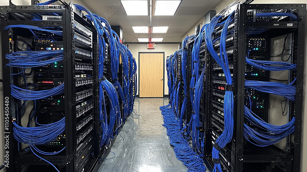 Poster ai generate network infrastructure data center technology setup indoor perspective on connectivity a