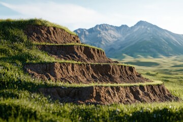 Stunning Terraced Landforms with Lush Green Grass and Majestic Mountains in the Background Under Natural Light Conditions for Scenic Landscapes