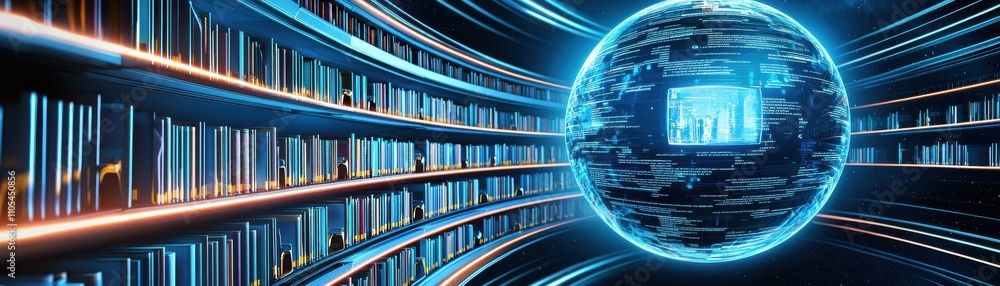 Poster a futuristic library with glowing bookshelves and a digital globe, representing the intersection of 