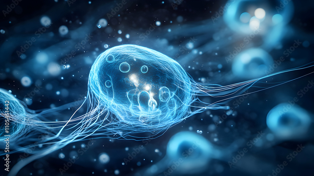 Aufkleber 3d render of interconnected cellular structures glowing bright blue in abstract background