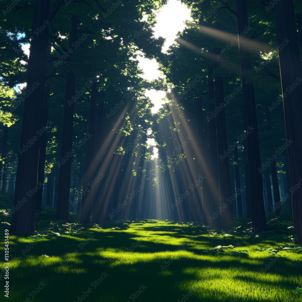 Poster sunbeams illuminating a path through a lush green forest.