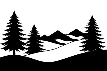 Snowy Tree Landscape with Layered Hills Silhouette Vector Illustration