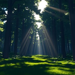 Fototapeta premium Sunbeams illuminating a path through a lush green forest.