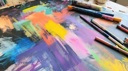 Fototapeta premium A vibrant pastel drawing in progress, with colorful sticks scattered around the paper.
