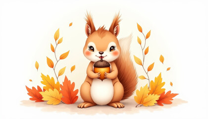 Adorable squirrel holding an acorn surrounded by autumn leaves in a cozy setting