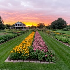 Fototapeta premium Sunset view of a colorful flower garden and farmhouse.
