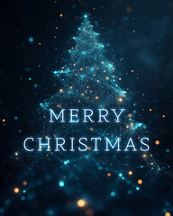 A futuristic holographic Christmas tree made of glowing digital connections, Merry Christmas words with light. Perfect for modern, innovative holiday Greeting