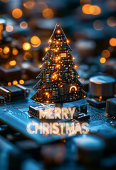 " MERRY CHRISTMAS " Greetings with High tech futuristic tree crafted from circuit boards and electronic components and chips, glowing with warm LED lights. 