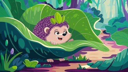 Cheerful hedgehog hiding under a large leaf in a vibrant forest scene