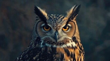 Obraz premium A vibrant shot of a Eurasian eagle owl staring directly into the camera with an intense, captivating gaze.