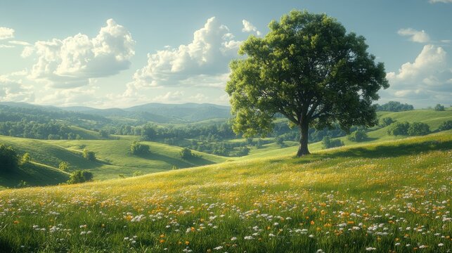 Tranquil countryside landscape featuring wide open spaces, green fields, and the beauty of rural life in nature