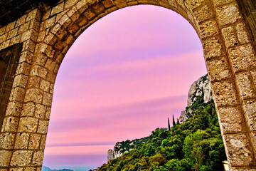 Views of the Montserrat massif, a mountain in the province of Barcelona, ​​Catalonia under an...