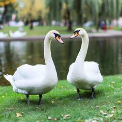 Obraz premium Two elegant white swans facing each other on a grassy lakeside, autumn scenery in background.