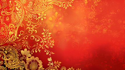Elegant gold floral pattern on ornate red background in Indian style