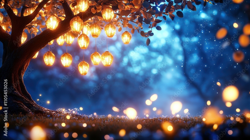 Poster a magical tree illuminated by glowing lanterns in a serene, twilight setting, creating a captivating