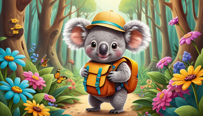 Cute koala wearing a hat and backpack in a colorful flower-filled forest