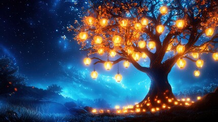 Naklejka premium A glowing tree adorned with lanterns illuminates a serene night landscape under a starry sky.