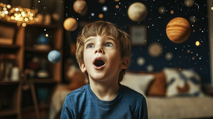 A kid boy surrounded by glowing stars and planets, creating a cosmic scene in his living room or bedroom. The concept of childhood imagination, space exploration dreams, and the wonder of discovery. G