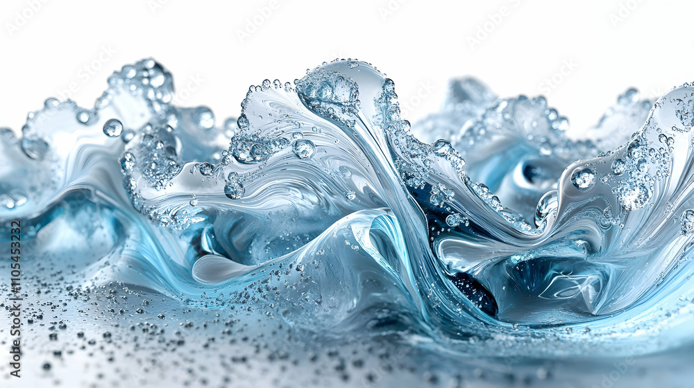 Poster abstract 3d rendering of a liquid wave with bubbles, flowing and sparkling in a cool blue hue