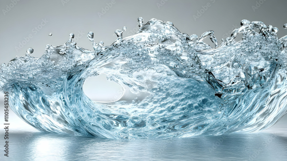 Poster 3d render of a crystal-clear water wave crashing with bubbles, creating an abstract background