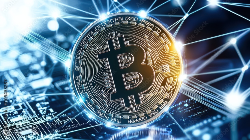Poster a digital representation of bitcoin, showcasing its design against a backdrop of technology and bloc