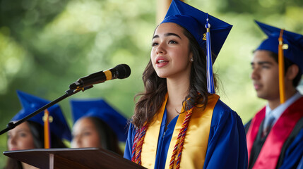 Young valedictorian delivering graduation speech at outdoor ceremony