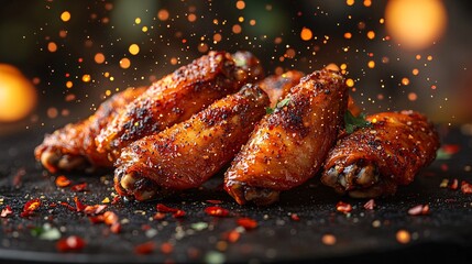 Golden Chicken Wings with Chili Peppers on a Slate