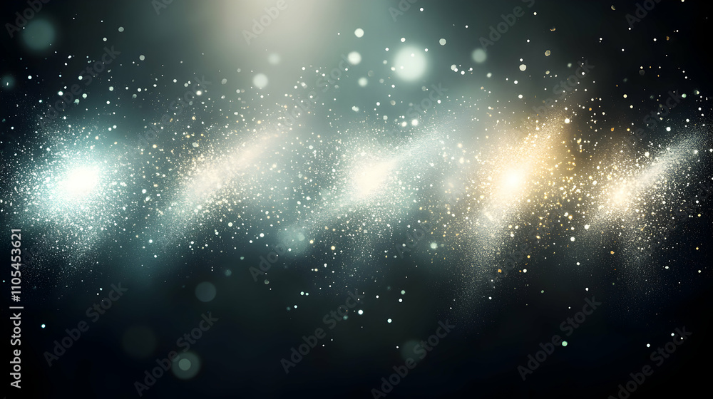 Poster abstract sparkling background: glimmering particles burst and float in dark space, creating a festiv